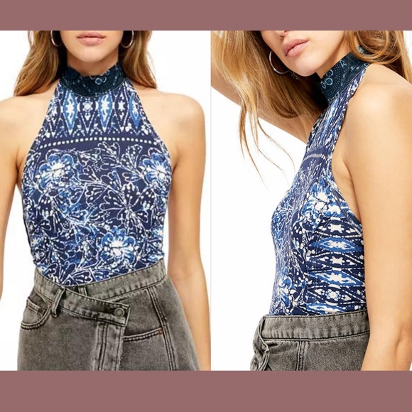 NWT Free‎ People [SZ Large ] Madagascar Halter Tank Top in Indigo Blue - Picture 2 of 12